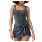 Aleumdr Modest Swimdress Swimsuits for Women Tummy Control Swim Dress Long Full Covered Side Slit Skirt Bathing Suits Grey Large