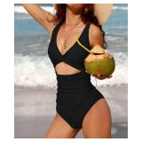 Charmo Womens One Piece Swimsuit Ruched Tummy Control High Cut Backless V Neck Bathing Suits Swimwear Black Small