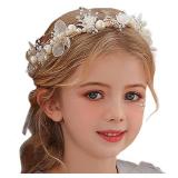 Campsis Princess Flower Crystal Headpiece Rhinestone Pearl Headband Alloy Floral Bridal Hair Accessories Communion Wedding Prom Photography for Girls and Women (Gold)