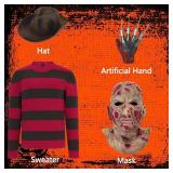 Slivomi Adult Scary Halloween Costumes for Horror Costume Mens Red and Green Striped Sweater with Hat Claw Gloves Mask for Halloween Killer Cosplay SV010XL