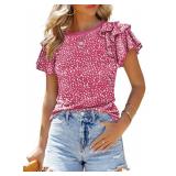 SHEWIN Womens Shirts Casual Summer Ruffle Sleeve Crewneck Cute Polka Dot Ladies Tops and Blouses Hot Pink XL