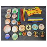 Vintage Pin Back Collectible Buttons and Swizzle Sticks