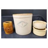 Antique 2gallon Pittsburg Pottery Co. Stoneware Crock, 2 Crock Feeders, and More