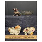 Vintage MCM TILSO Redware Pottery Donkey with Metal Wire Cart and (2) Vintage Platters