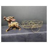 Vintage MCM TILSO Redware Pottery Donkey with Metal Wire Cart and (2) Vintage Platters