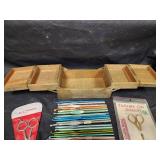 Crochet Hooks, NIP Sewing Scissors, and Sewing/Trinket Box