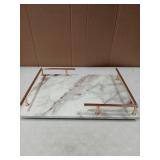 PuTwo Decorative MDF Tray with Marble Print, Handmade Vanity/Perfume Tray with Gold Metal Handle, Trinket Tray, Catchall Tray for Dresser Bathroom Vanity Table (Gray and White)