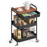 TOOLF 3-Tier Utility Rolling Cart with Wooden Board and Drawer, Metal Storage Cart with Handle, Black Trolley Kitchen Organizer Rolling Desk with Locking Wheels for Office, Classroom, Home, Bedroom