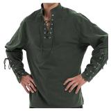 Mens Medieval Pirate Shirt, Viking Steampunk Victorian Lace Up Shirts, Halloween Renaissance Gothic Cosplay Tops (Style A/Army Green,XXXL)