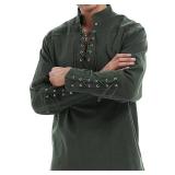 Mens Medieval Pirate Shirt, Viking Steampunk Victorian Lace Up Shirts, Halloween Renaissance Gothic Cosplay Tops (Style A/Army Green,XXXL)