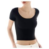 PUMIEY Short Sleeve T Shirt for Women Scoop Neck Slim Fit Tops Sexy Tee Women Clothing Jet Black Small