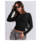 ANRABESS Womens Long Sleeve Shirts Tight Fitted Going Out Crop Tops Crewneck Basic Tee Y2k Outfits Teens Girls Clothes Black L