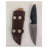 Damascus steel knife blade full tang with leather sheath aprox 8 inch handmade