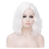 BERON White Wigs for Women Short Curly Bob Side Part Wig Girls Shoulder Length Body Wavy Hair Wig White Heat Resistant Synthetic Halloween Cosplay Daily Party Wigs