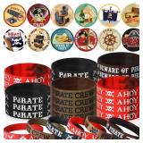 Capoda 60 Pcs Pirate Party Decorations Include 30 Pcs Pirate Rubber Bracelets and 30 Pcs Pirate Button Pins Badges for Birthday Adventure Carnival Pirate Party Favors Supplies Halloween Costume