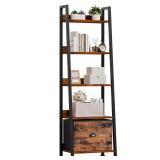 Furologee 5-Tier Ladder Shelf, Ladder Bookshelf with Removable Drawer, Rustic Bookcase Storage Rack Organizer, Wood Metal Freestanding Storage Shelf for Living Room, Home Office, Bedroom, Balcony