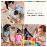 LOVEVERY | The Block Set | Solid Wood Building Blocks and Shapes + Wooden Storage Box, 70 Pieces, 18 Colors, 20+ Activities, Toddler Block Set and Converts into a Pull Car, Ages 12 to 48+ months - Ret