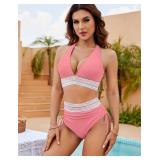 Blooming Jelly Womens High Waisted Bikini Sets Color Block Tummy Control Bathing Suit 2 Piece Swimsuits (S, Coral Pink)