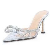 MIRAAZZURRA Silver High Heeled Mules Clear Shoes Pointed Toe Bow Heels for Women Dressy Wedding Bridal Shoes Size 8.5