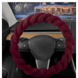 Carbella Twisted Fur Red Steering Wheel Cover, Standard 15 Inch Size Fits Most Vehicles, Fuzzy Fluffy Car Steering Cover with Soft Faux Fur