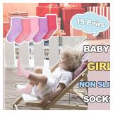 HYCLES 15 Pairs Toddler Socks for Girls Non-Slip Crew Anti Slip Sticky Socks With Grips for 3-5 Years Kids Preschool Girls