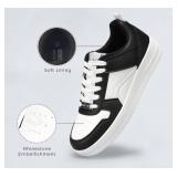 LUCKY STEP Women Fashion Sparkle Rhinestone Sneakers White Leather Low Top Tennis Shoes Lace Up Casual Comfortable Walking Shoe(Black/White,7B(M) US)