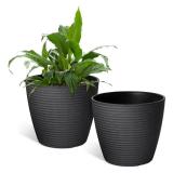 GreatBuddy 7" Plant Pots Indoor, Planters for Indoor Plants, Indoor Flower Pots, Small Plant Pots for Succulents, Ferns, Herbs, Drainage Holes, Line Pattern, Dark Gray, 2 Pack