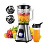 1200W Blender for Shakes and Smoothies, Countertop Blender and Personal Blender Combo, 52oz Glass Jar, 22oz Travel Cup, 3 Adjustable Speed for Frozen Fruit Drinks, Smoothies, Sauces, Silver