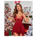 Avidlove Women Lingerie Lace Babydoll V Neck Sleepwear Strap Chemise (Dark Red, Medium)