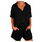 Dokotoo Two Piece Outfits Set for Women Summer Trendy Daily Tracksuit Ladies Solid V Neck Short Sleeve Shirts Matching Lounge Sets Comfy Casual Elastic High Waist Shorts with Pockets Black X-Large