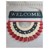 Wood and wicker tray, 20in wide, wood and metal welcome sign, bubble mailing envelopes