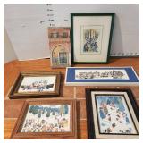 Framed prints and pottery decor largest is 11 x 9