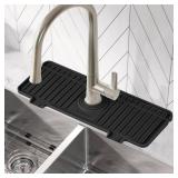 Amerner Kitchen Sink Splash Guard, 10° Large Slope & Adaptable Hole Faucet Mat for Kitchen Sink, Silicone Sink Organizer Sponge Holder for Kitchen, Bathroom, RV, Bar, 14.2 x 5.1, Black