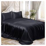 Homiest 4pcs Satin Sheets Set Luxury Silky Satin Bedding Set with Deep Pocket, 1 Fitted Sheet + 1 Flat Sheet + 2 Pillowcases (Full Size, Black)