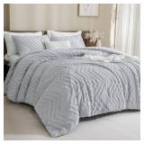 Andency Silver Grey Comforter for Queen Size Bed, Boho Grey Soft Warm Bedding Comforter Sets for Queen Bed, 3 Pieces Gray Chevron Tufted Aesthetic Microfiber Lightweight Comforter Set