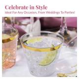 Prestee 100-Pack 9oz Clear Plastic Cups with Elegant Gold Rim - Applicable for Wine, Cocktails, Parties, and Events - Bulk Size Disposable Cups for Weddings, Birthdays, and Gatherings