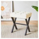 IBUYKE Square Makeup Stool with X-Leg Foot Rest, PU Footrest Stool, Ottoman Seat Vanity Stool, Multi-Use as Small Side Table, for Bedroom, Living Room, White LG-71W