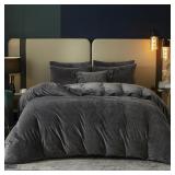 SE SOFTEXLY Velvet Duvet Cover Queen Size, Soft Flannel Duvet Cover 3Pcs Solid Breathable Silky Velour Comforter Cover, Luxury Cozy Winter Duvet Cover Set with 2 Pillowcases, 90" x 90", Charcoal Grey