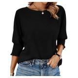 BTFBM Womens Casual 3/4 Sleeve Tops Dressy 2024 Summer Fall T Shirts Crewneck Loose Tunic Blouses(Solid Black, X-Large)