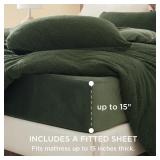 Bedsure Sherpa Fleece Duvet Cover Set with Fitted Sheet - Ultra Soft Plush Shaggy Fluffy Comforter Cover King Size, Warm Flannel Fleece Bed Sets for Winter, 4 Pieces Set, Olive Green - Retail: $76.26