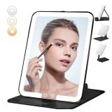 ESWU Travel Makeup Mirror with Light, Portable Folding Make Up Tabletop Mirror with 58 LEDs 3 Colors Light Modes Rechargable Compact Vanity Mirror with Adjustable Stand (Black)