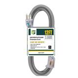 EP 12 Ft Lighted Outdoor Extension Cord - 12/3 SJTW Heavy Duty Grey Extension Cable with 3 Prong Grounded Plug - Power Cord for Lawn, Garden, Appliances