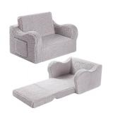 Kids Chairs for Toddler, 2-in-1 Toddler Soft Sherpa Couch Fold Out, Convertible Sofa to Lounger for Girls and Boys, Grey