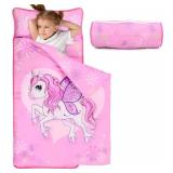 Toddler Nap Mat - Dreamy Unicorn Design with Removable Pillow and Soft Blanket, Sleeping Bag for Girls