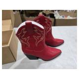 Soda BLAZING Women Western Stitched Pointe Toe Low Heel High Top Ankle Shaft Boot Bootie (FIRE RED PU, us_footwear_size_system, adult, women, medium,6.5)