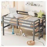 Kids Low Loft Bed, Twin Size Loft Bed with Side Ladder and Safety Guardrails, Wood Loft Bed Frame for Girls, Boys, Kids, Teens, Gray. - Retail: $141.13