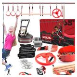 65 FT Largest Ninja Warrior Obstacle Course for Kids Outside - Ninja Slider Zipline Included - 11 Ninja Course Obstacles - Climbing Ladder, Spinning Wheel, Gym Rings, Monkey Bars, Pulley - Retail: $15