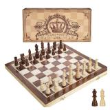 AMEROUS 15 Inches Magnetic Wooden Chess Set - 2 Extra Queens - Folding Board - Pieces Storage Slots, Handmade Portable Travel Chess Game - Beginner Chess Set for Kids, 6 up Age