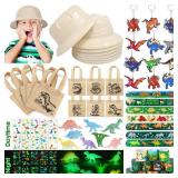 Golray 72Pack Dinosaur Birthday Party Supplies Favors Safari Hat Tote Goodie Bags Luminous Dino Figure Tattoo Keychain Slap Bracelet for Kid Boy Safari Jungle Explorer Dinosaur Party Favor Supplies