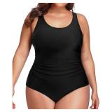 Daci Women Black Plus Size One Piece Swimsuit Athletic Tummy Control Ruched Bathing Suit with U-Back M